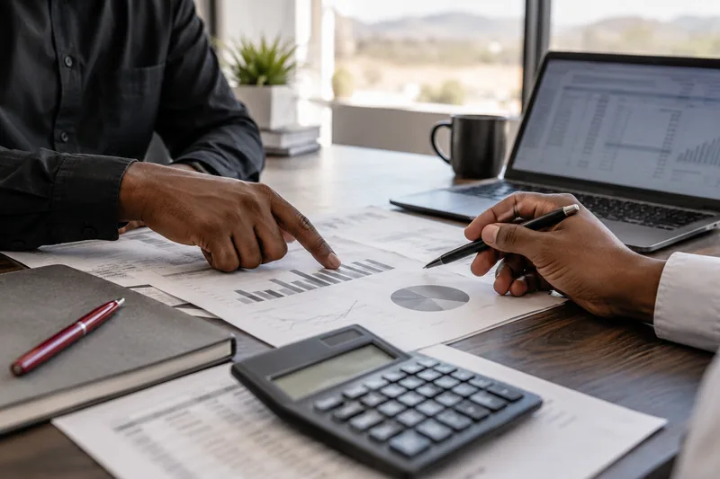 Illustrative financial review with cash-flow charts and business reports