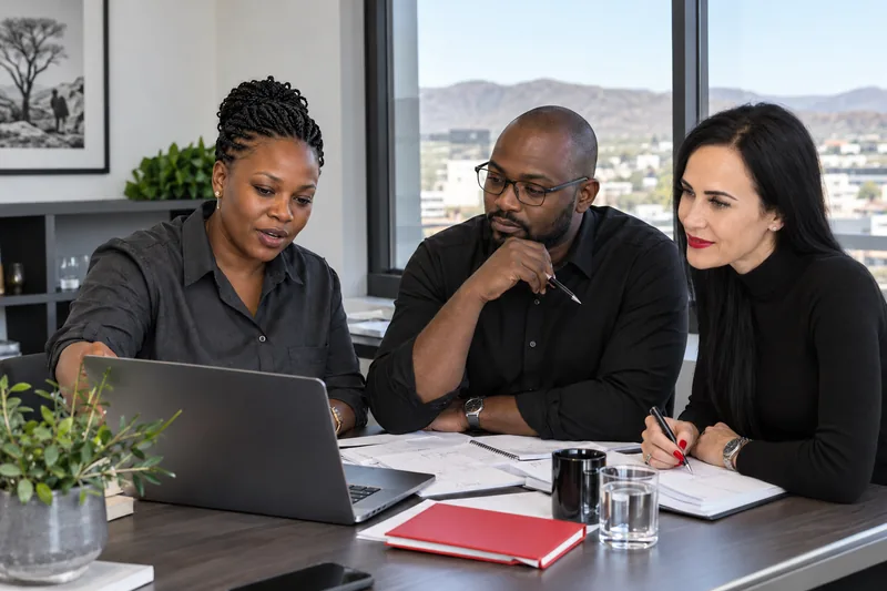 Illustrative business-planning scene with Cornell Meeks and a team